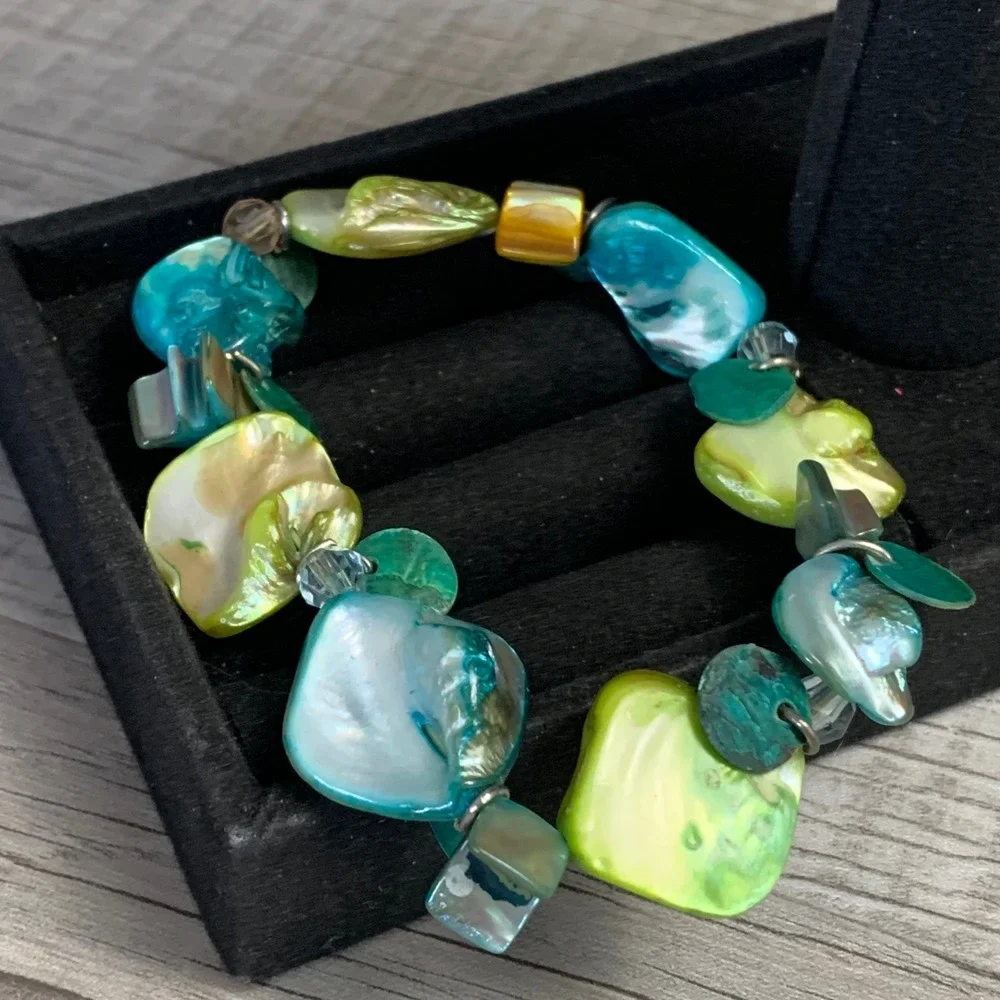 Teal Lime Green Iridescent Shell Shard Stretch Bracelet Coastal Artisan 4614
